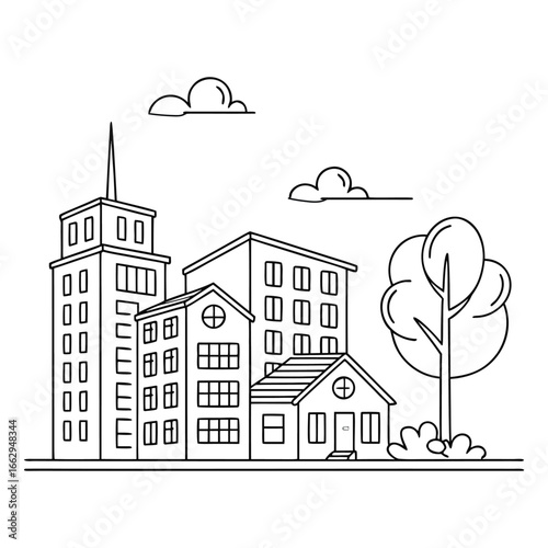 Vector illustration of a city street with a sketch of old houses and buildings