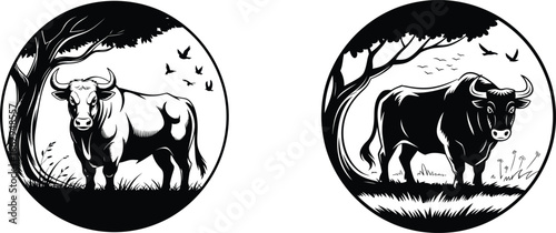 Two oval silhouettes of powerful bulls in natural landscapes