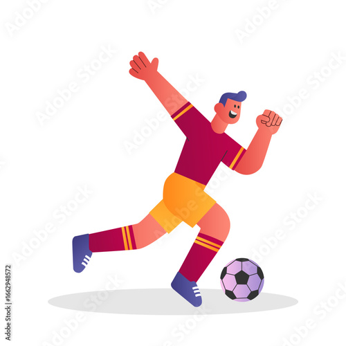 Flat vector illustration of a football player running with the ball in front. Bold geometric shapes with bright colors, suitable for sports events posters, banners, and mobile apps.
