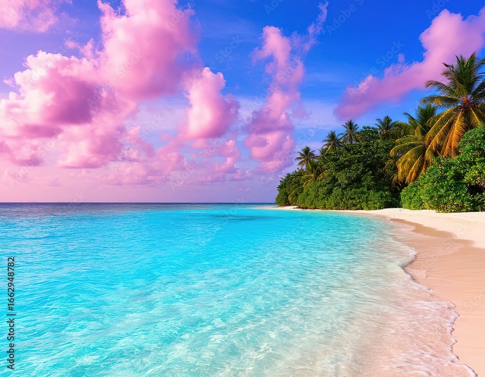 Naklejka premium pink sunset on the sea. maldives tropical paradise.