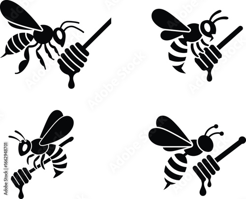Set of four stylized black bee icons with honey dippers