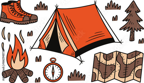 Collection of camping and hiking essentials including tent campfire boots compass and map