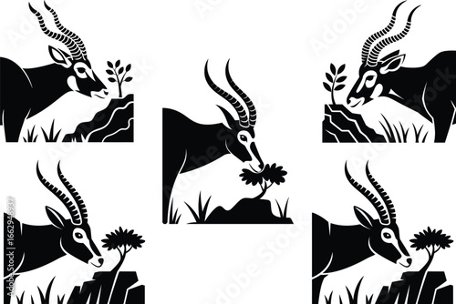 Stylized silhouette of antelope grazing on plants in a natural landscape