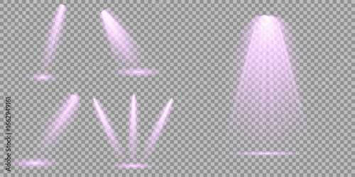 Concert lighting set includes soft beams Empty stage with spotlights. Light sources on dark wall, realistic soft concert light on abstract stage png. Multiple beam angles suit event or product scenes.