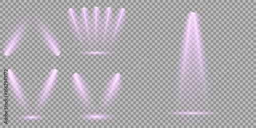 Concert lighting set includes soft beams Empty stage with spotlights. Light sources on dark wall, realistic soft concert light on abstract stage png. Multiple beam angles suit event or product scenes.