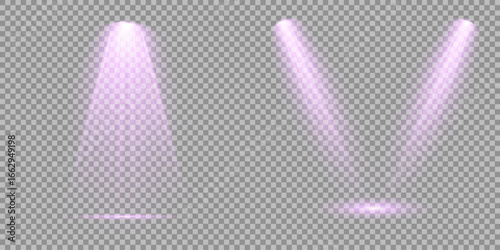 Concert lighting set includes soft beams Empty stage with spotlights. Light sources on dark wall, realistic soft concert light on abstract stage png. Multiple beam angles suit event or product scenes.