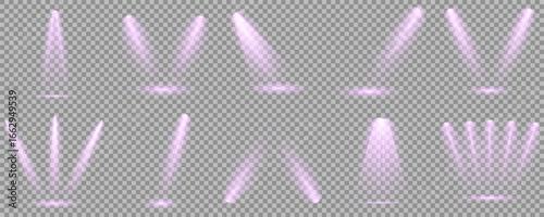 Dark stage backdrop improves contrast Reflections add depth to spotlight scenes on floor. Multiple beam angles suit event or product scenes. Stage spotlights emit strong white directional light beams.