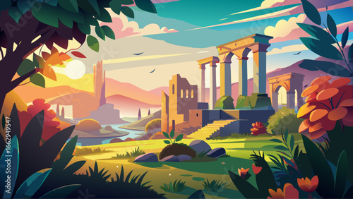 Vibrant foliage surrounding historic ruins in a peaceful countryside scene at dawn