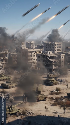 Dynamic Urban Warfare: Tanks and Soldiers Advance Under a Barrage of Missiles in a Destroyed City.