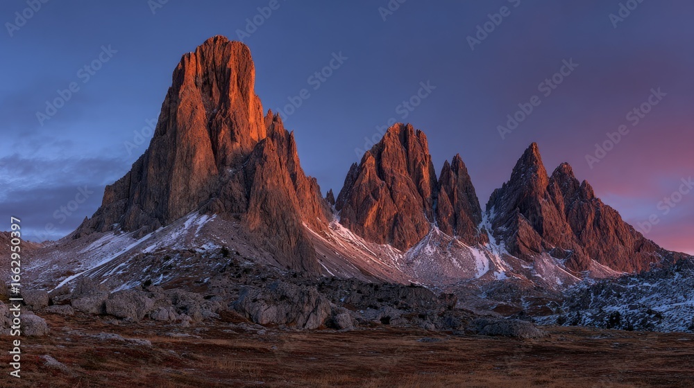 Fototapeta premium Dramatic mountain peaks bathed in the golden light of dawn.