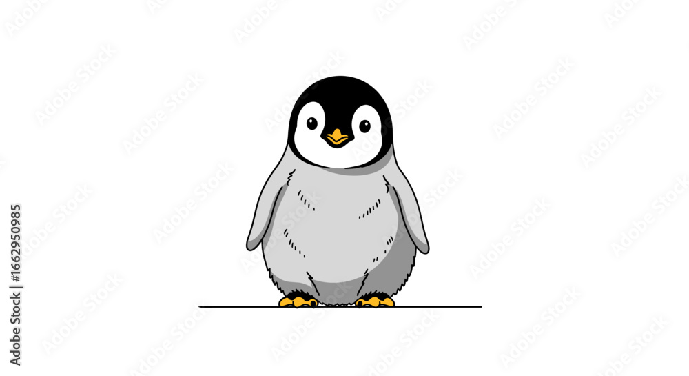 Obraz premium Adorable baby emperor penguin waddling on a thin line with fluffy gray feathers and bright black eyes