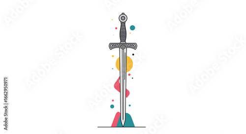 A magnificent ancient sword stands tall surrounded by colorful abstract shapes and bubbles on a clean white background
