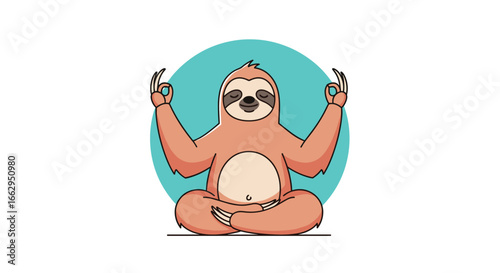 Cute lazy sloth doing yoga meditation sitting in lotus pose feeling peaceful calm zen