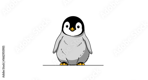 Adorable baby emperor penguin waddling on a thin line with fluffy gray feathers and bright black eyes