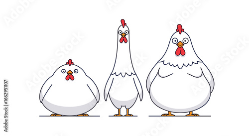 Three cartoon chickens with different body shapes and sizes standing side by side against a white background