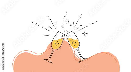 Two champagne glasses clinking together creating a celebratory toast with sparkling bubbles and festive lines celebrating a special occasion or success