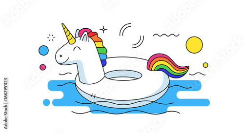 A happy cartoon unicorn floats relaxingly in the water on a white inner tube enjoying a sunny day outdoors