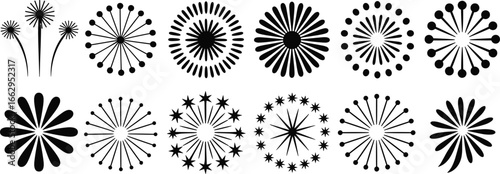 Abstract floral and starburst design collection, black and white decorative vector elements, symmetrical radial patterns, vintage ornamental shapes, geometric flower art illustration