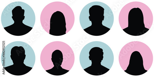 team group crowd pictogram set, social network community user interface symbol vector. Set man and woman head icon silhouette. Male and female avatar profile sign, face silhouette logo stock vector 