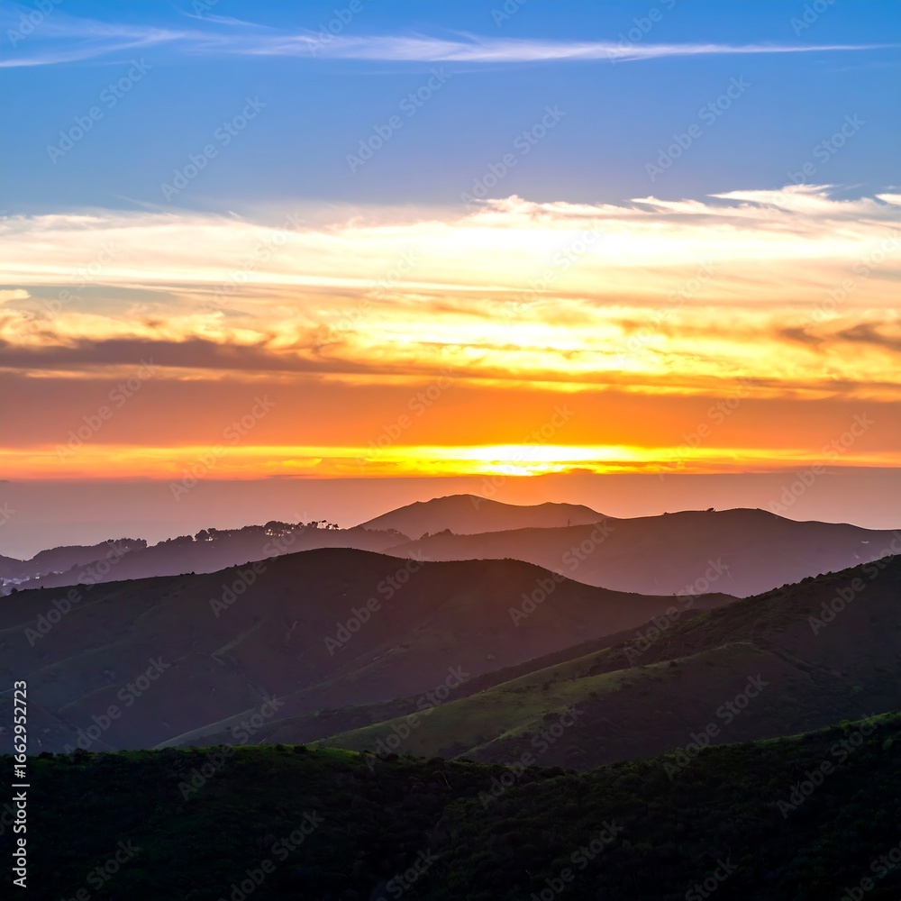Fototapeta premium Sunset over rolling hills, coastal view