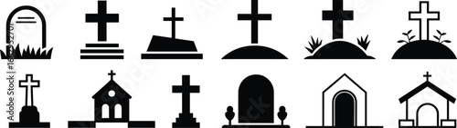 Minimalist grave and cross icons, cemetery headstone symbols, church building silhouettes, religious memorial vector set, funeral tombstone illustrations, black and white outline style