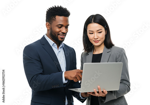 Diverse business colleagues collaborating on a laptop computer isolated on transparent background