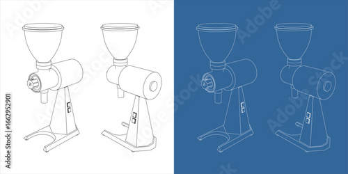 Coffee grinder blueprint isometric angled view