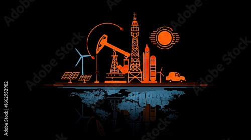 Illustrative Graphic of Renewable and Non-Renewable Energy Sources with World Map Background