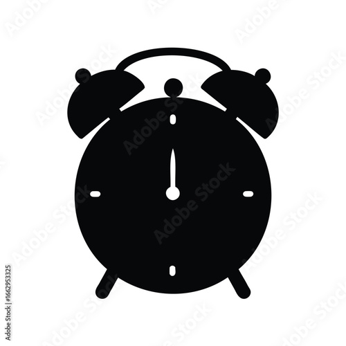 Simple black alarm clock illustration with time set to twelve o'clock