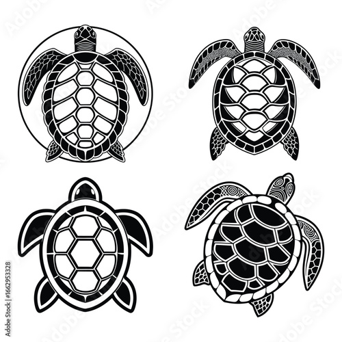 Four stylized sea turtle designs detailed outline art for oceanic marine life themes 