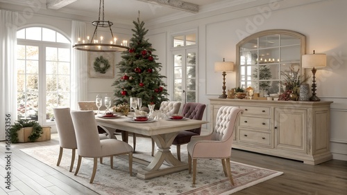 Royal Class Christmas dining room with extendable farmhouse white ash table and elegant holiday styling for Deep South homes