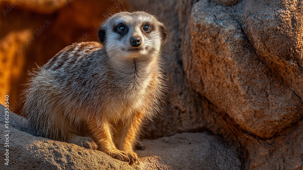 Fototapeta premium A meerkat standing on the rock , orange light color tone.