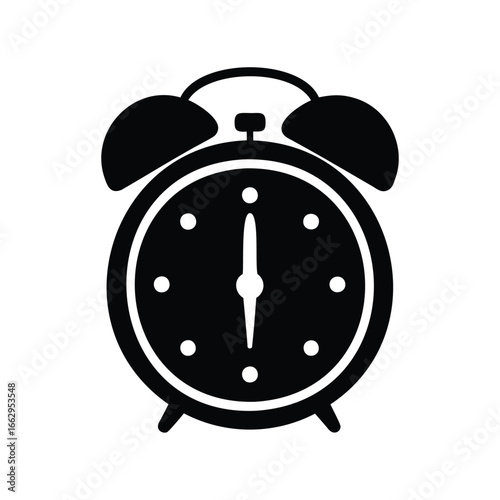 Black and white vintage alarm clock icon isolated on white background