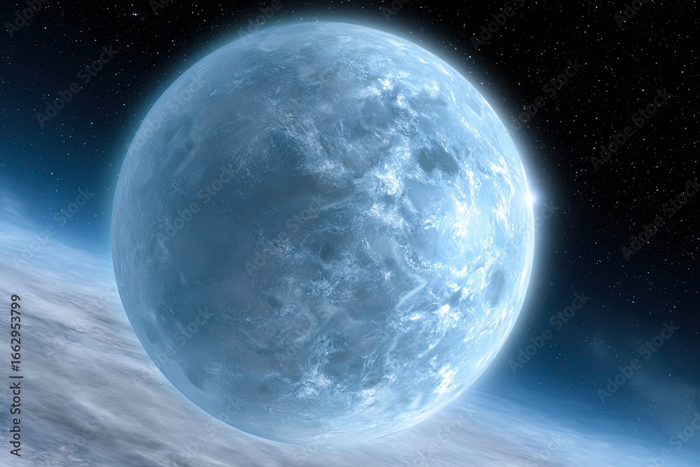 Obraz premium Enigmatic azure planet illuminated by distant stars revealing celestial wonders and cosmic mysteries of the universe enhancing interstellar exploration and scientific discovery