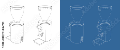 Coffee grinder blueprint isometric perspective view