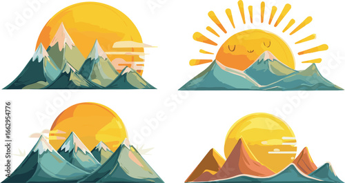 Camping icons set in the mountains vector illustration with tents, trees, and nature elements