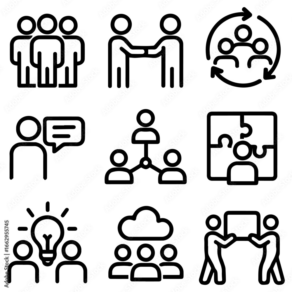 Collection of Simple Black Line Art Icons Depicting Teamwork and Collaboration. Collection of Simple Black Line Art Icons Depicting Teamwork and Collaboration.