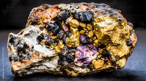 Raw rare earth mineral crystals on the weathered crust of yellow brown granite exhibit metallic reflections, showcasing strategic mineral resources and industrial clean energy materials.