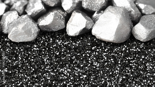 Raw rare earth mineral crystals on the weathered crust of yellow brown granite exhibit metallic reflections, showcasing strategic mineral resources and industrial clean energy materials.