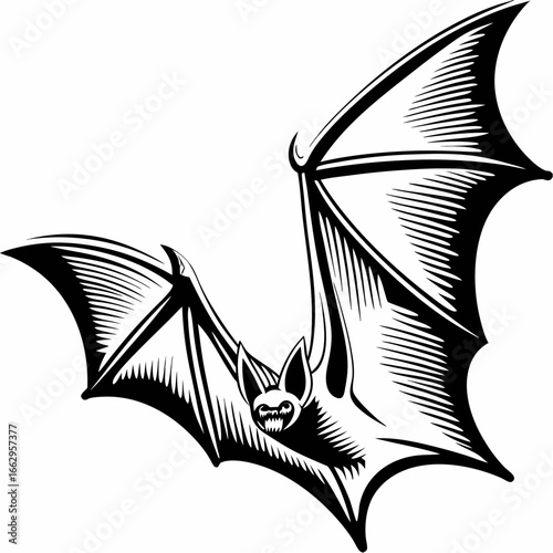 Dynamic bat silhouette in mid-flight, stylized graphic for spooky Halloween or gothic themes