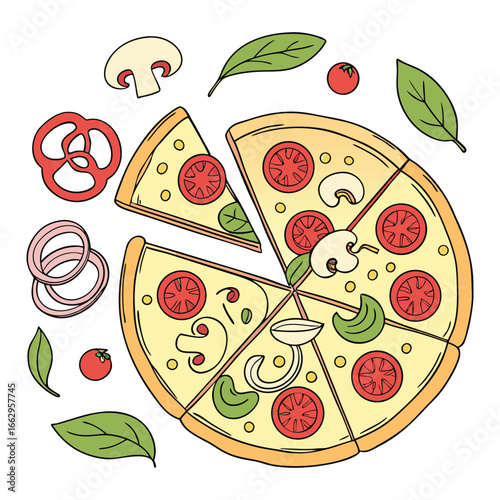 Vector illustrations of a delicious Italian pepperoni pizza with sausage, cheese, and vegetables on a cutting board, perfect for lunch or dinner