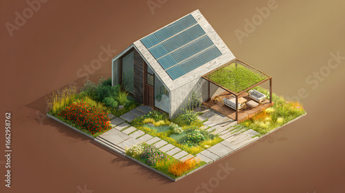 An isometric 3D rendering of a modern two-story house with a steeply sloped roof covered in textured gray tiles and a grid of solar panels spanning across the surface. The home sits on a square