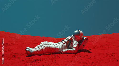 Astronaut lying on red Martian surface under clear sky, concept of space exploration, solitude and futuristic adventure