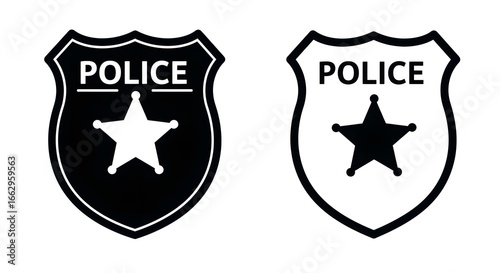Police Badge Icon, Black Shield Design, White Star Emblem, Bold Sans Serif Police Logo, Minimalist Law Enforcement Symbol