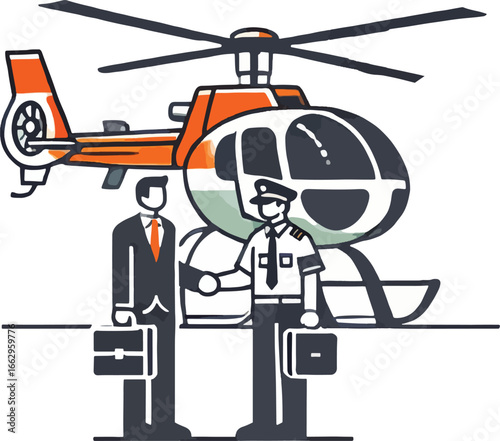 Businessman and Helicopter Pilot Handshake Orange Helicopter
