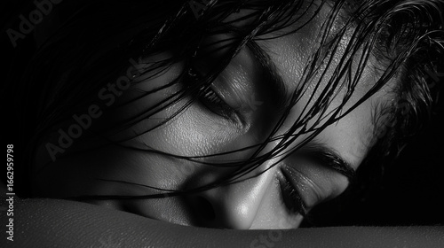 Black and white portrait of a young woman with closed eyes. Wet hair partially covers her face, creating an atmosphere of intimacy and mystery.