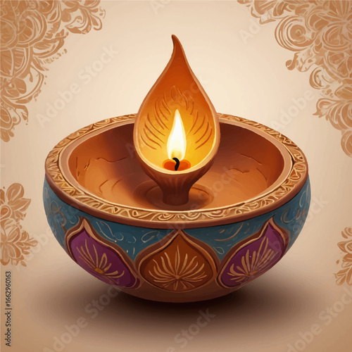 Authentic Earthen Diya with Bright Flame – Realistic Diwali Illustration