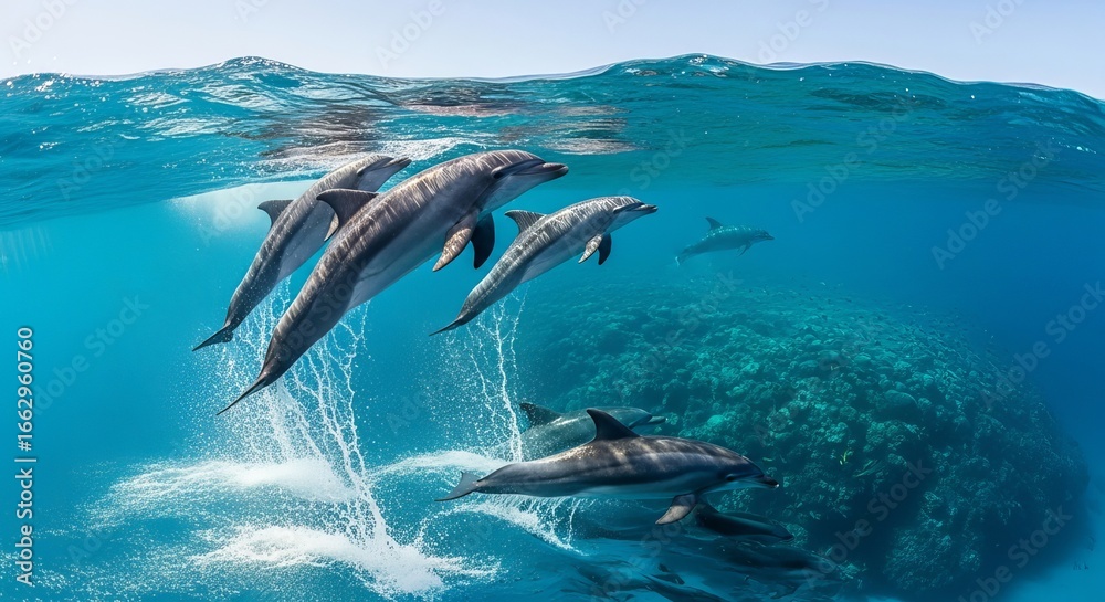 Naklejka premium Playful Dolphins Jumping over Waves – Hawaii Pacific Ocean Wildlife Scenery.