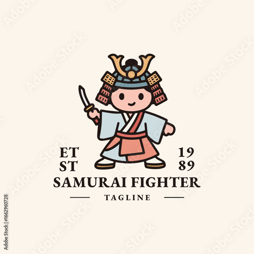 Samurai fighter logo in vintage style, symbol of honor and strength.
