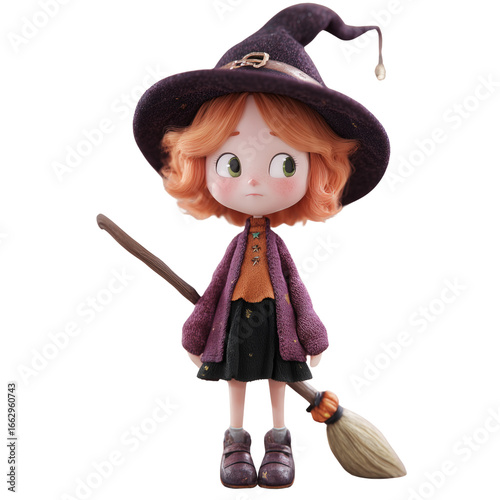 3d cute witch on transparent png background